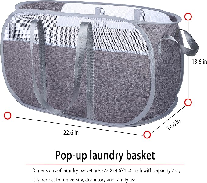 Pop Up Laundry Hamper,with Durable Handles collapsible laundry basket,Easy to Open and Fold for college Dorm,kids room,travel (2 gray)…