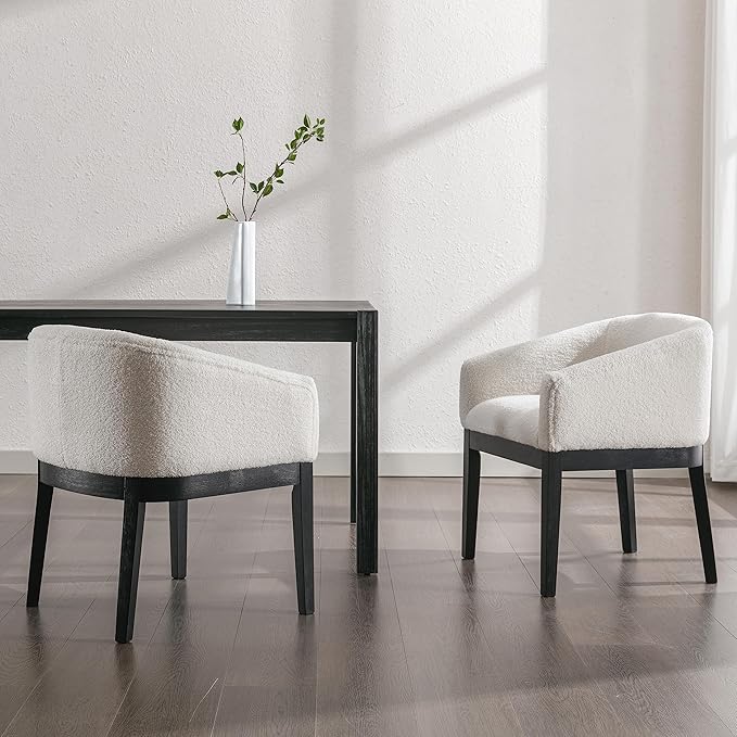 White Dining Chairs Set of 2 Mid-Century Modern Dining Chairs Sherpa Upholstered Kitchen Dining Room Chairs, Curved Backrest Dining Chair with Black Wood Legs
