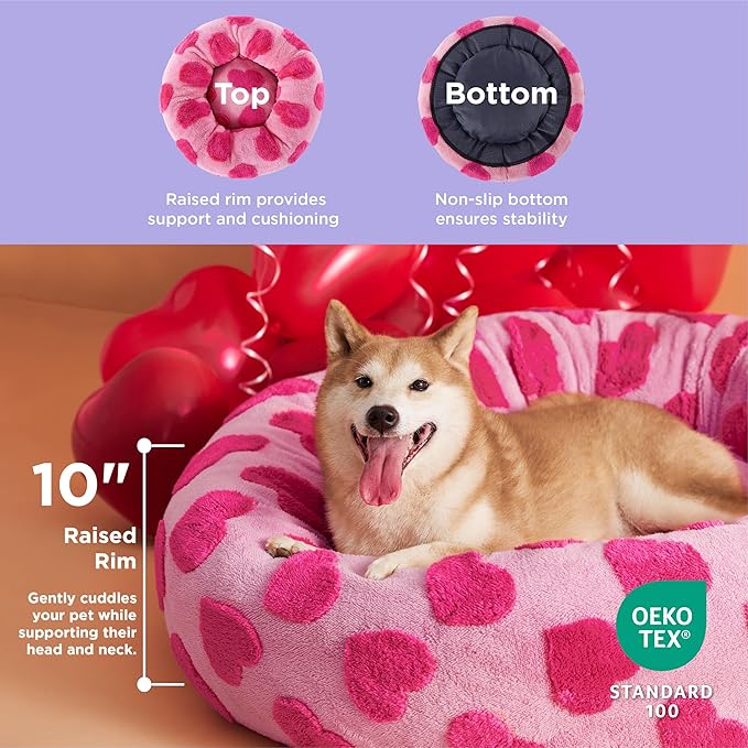 Lesure Donut Large Dog Bed - Round Cat Beds for Indoor Anti-Anxiety Calming Pet Beds, Washable Cute Modern Beds with Teddy Sherpa Plush & Anti Slip Bottom, 36 Inch, Heart Pink