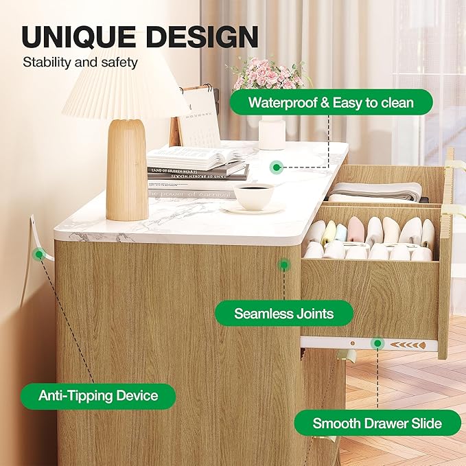 57" Wide Storage Cabinet, Fluted Chest of Drawers with Curved Edges, Wooden Buffet Cabinet with 9 Drawers, Modern Credenza with Faux Marble Top for Living Room, Hallway, Natural