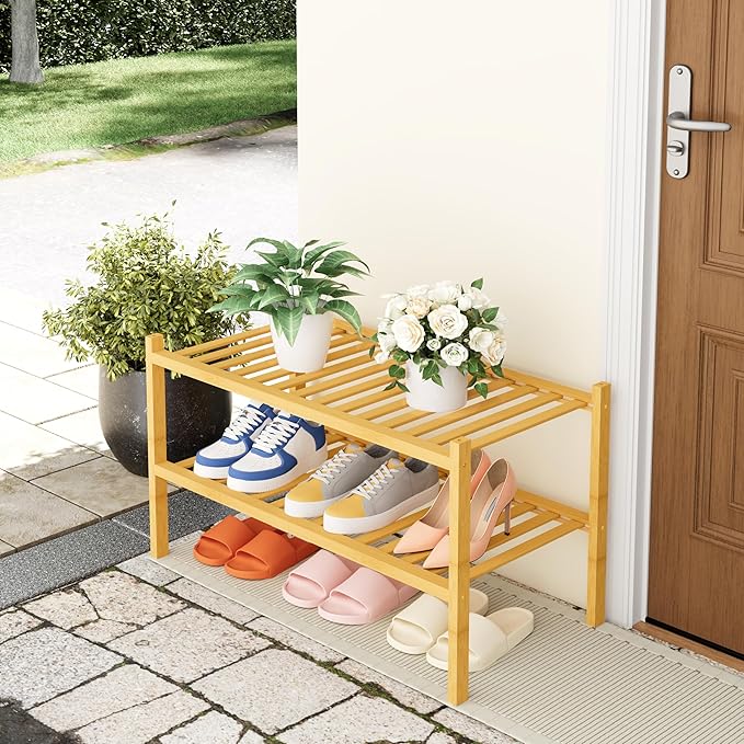 Smiry Shoe Rack, 2 Tier Thick Bamboo Shoe Organizer, Stackable Free Standing Wooden Shoe Storage Shelf for Closet, Entryway, Front Door Entrance, Natural