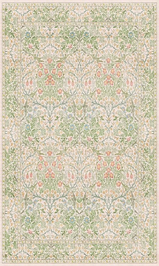 Washable Neutral Floral Living Room Rug, 3x5 Area Rugs for Bedroom, Nursery, Kitchen, Large Entryway, Vintage Non-Slip Throw Rug Low Pile Stain Resistant (3x5 Garden Green)