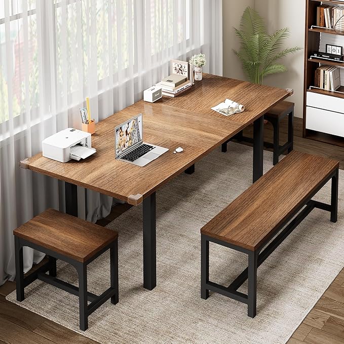 Feonase 5-Piece Dining Table Set for 4-8 People, 63" Extendable Kitchen Table with 2 Benches and 2 Square Stools, Mid-Century Modern Wooden Dining Room Table, Space-Saving, Walnut