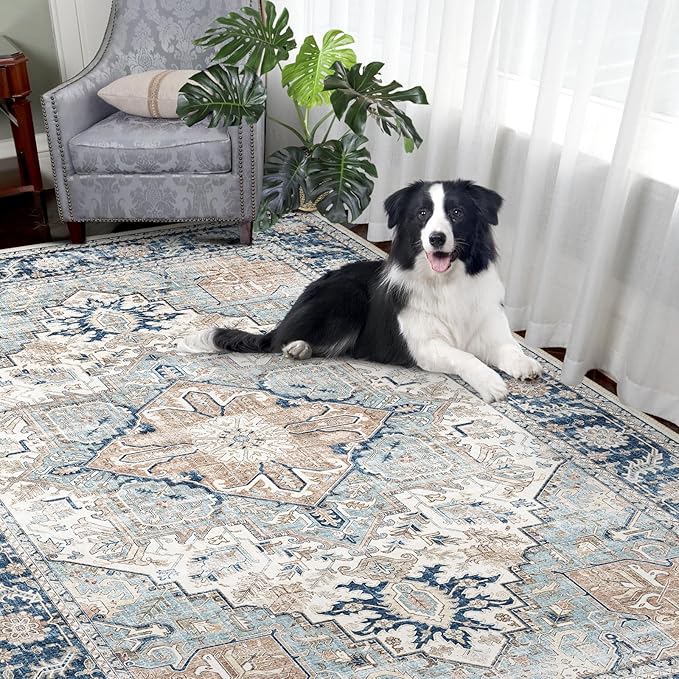 9x12 Area Rugs, Machine Washable Area Rugs for Living Room, Non Slip Backing Rugs for Bedroom, Vintage Printed Home Decor Large Area Rug (Grey Blue 9x12)