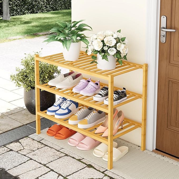 Smiry Shoe Rack, 3 Tier Thick Bamboo Shoe Organizer, Stackable Free Standing Wooden Shoe Storage Shelf for Closet, Entryway, Front Door Entrance, Natural