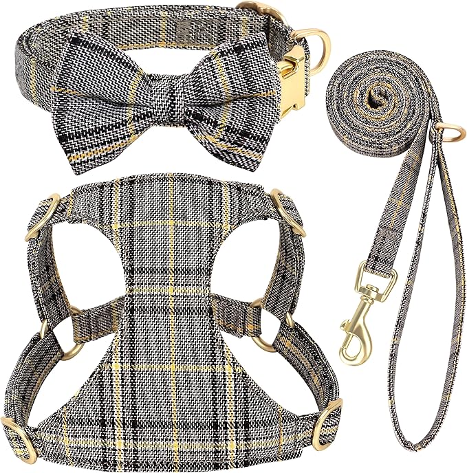 Beirui Cute Extra Small Dog Harness Collar and Leash Set with Bowtie, Soft Adjustable Plaid Puppy Harness for Small Sized Dogs Cats Walks Parties and Photoshoots(Gray,XXS:Chest 12-14")