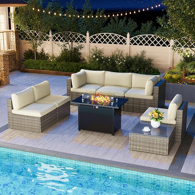 8 Pieces Outdoor Patio Furniture Set with 43" Fire Pit Table, Wicker Outdoor Patio Sectional Sofas with Coffee Table and Cushions, All-Weather Patio Conversation Set for Backyard Garden, Beige