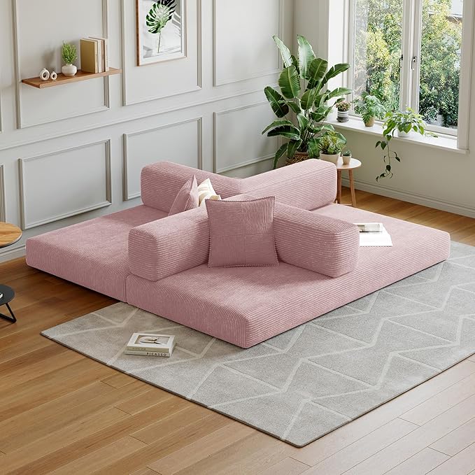 98.4''Convertible Sleeper Sofa Bed,Compressed Floor Boneless Couch,Modular Modern Corduroy Sofa for Living Room Bedroom -with Fixed-Shape Frame and Support Armrest,Easy Assembly(Pink)