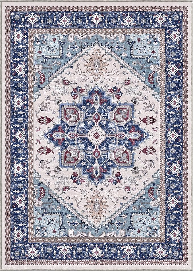 OPPODREAM Thin 10x14 Area Rugs, Washable Rugs 10x14 with Non Slip Backing, Low-Pile Faux Cashmere 10 x 14 Carpet, Navy Blue & Red & Cream