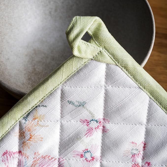 Maison d' Hermine 100% Cotton Oven Mitt & Pot Holder Set (7.5"x13" & 8"x8") Heat Resistant BBQ Cooking Gloves with Loop, Baking, Grilling, Kitchen, Handling Hot Pans Spring/Summer (Paradise Island)