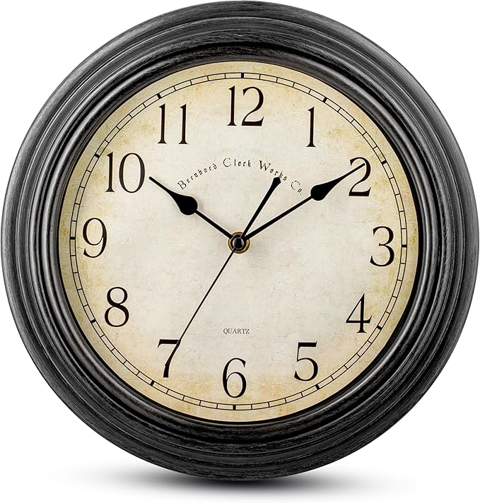 Bernhard Products Vintage Wall Clock Silent Non Ticking - 12 Inch Quality Quartz Battery Operated Decorative Rustic Black Clock for Home Kitchen Living/Dining Room Office Decor, Easy to Read