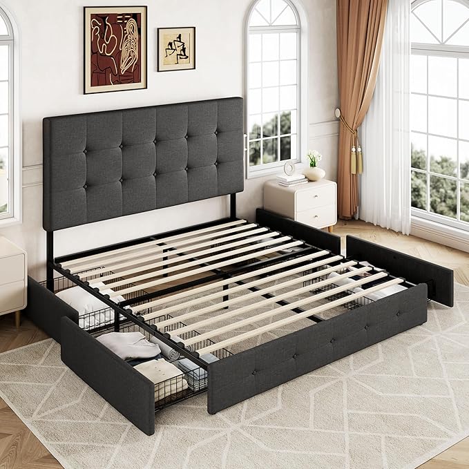 Allewie Upholstered Full Size Platform Bed Frame with 4 Storage Drawers and Headboard, Square Stitched Button Tufted, Mattress Foundation with Wooden Slats Support, No Box Spring Needed, Dark Grey