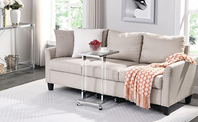 Goujxcy Clear Sofa Side Table C Shaped End Table with Wheels, Rolling Acrylic Bedside Laptop Snack Table TV Tray, Mobile Breakfast Tray Table with Tempered Glass Shelves and Clear Acrylic Frame