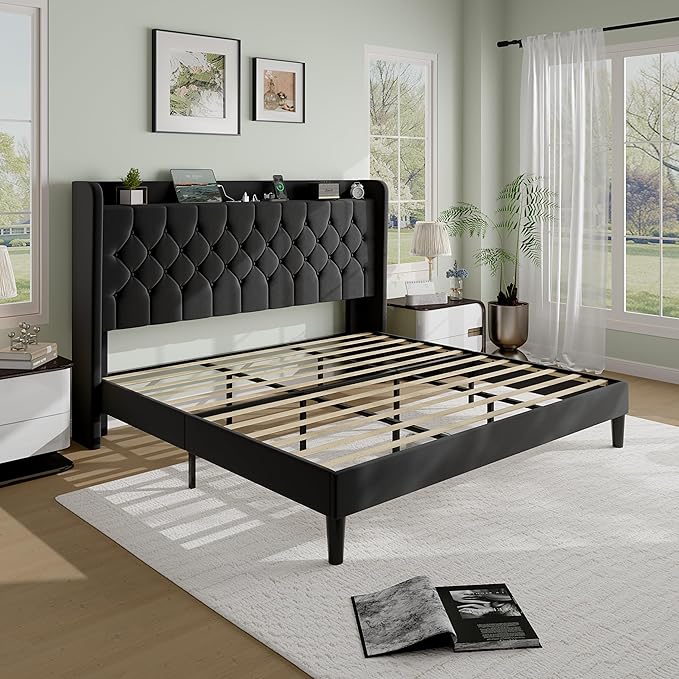 SHA CERLIN King Size Platform Bed Frame with Charging Station, Velvet Wingback Headboard with Storage Shelf, Wooden Slats Support, Ample Under-Bed Space, No Box Spring Needed, Easy Assembly, Black