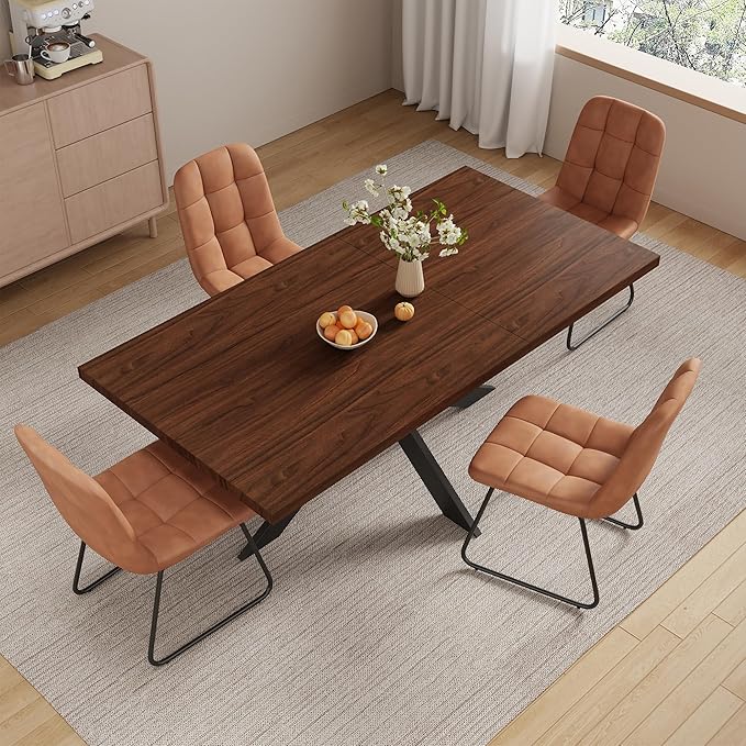 5-Piece Dining Table Set with 51"-67" Extendable Walnut Wood Table and 4 Brown PU Leather Chairs, Modern Rectangular Kitchen Table Set with Metal Legs, Space Saving Dining Room Furniture for 4