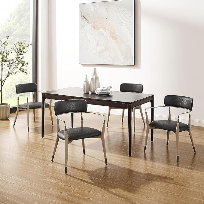 Art Leon Dining Chairs Set of 2 - Mid Century Modern Dining Room Chairs, Faux Leather Upholstered Accent Chair with Open Backrest, Wishbone Chair with Wood Legs, Black