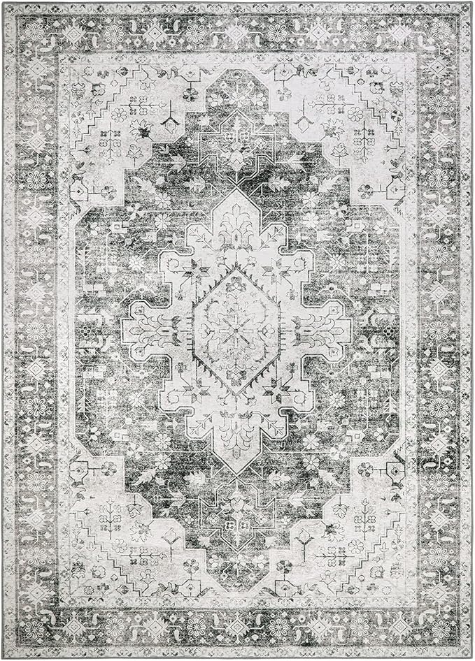 Moynesa Ultra-Thin Washable Area Rug - 5x7 Large Gray Rug for Living Room Vintage Rugs for Bedroom, Non Slip Non Shedding Pet Friendly Dining Room Mat Carpet for Department Office Kitchen
