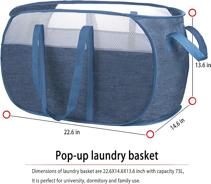 Pop Up Laundry Hamper,with Durable Handles collapsible laundry basket,Easy to Open and Fold for college Dorm,kids room,travel (black+blue)…