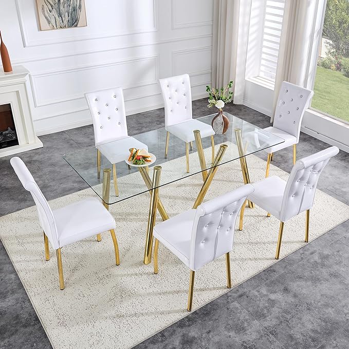 LKTART 71" Rectangular Dining Table for 6-8, Gold Dining Table with Tempered Glass Tabletop & Metal Legs, Large Glass Dinner Table for Home Kitchen