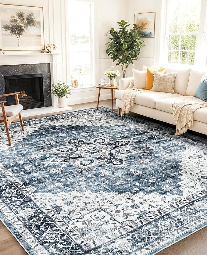 AMADA HOMEFURNISHING 9x12 Washable Area Rug, Low-Profile Large Area Rug with Non-Slip Backing & Durable Edge Binding, Vintage Large Rugs for Living Room, Bedroom & Dinning Room