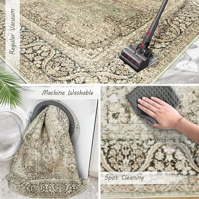 Area Rug 9x12 Olive Charcoal Area Rug 9x12 Indoor Vintage Living Room Carpet Washable Distressed Rug Retro Accent Throw Rug for Office Dining Room Nursery (Olive Charcoal, 9x12 ft)