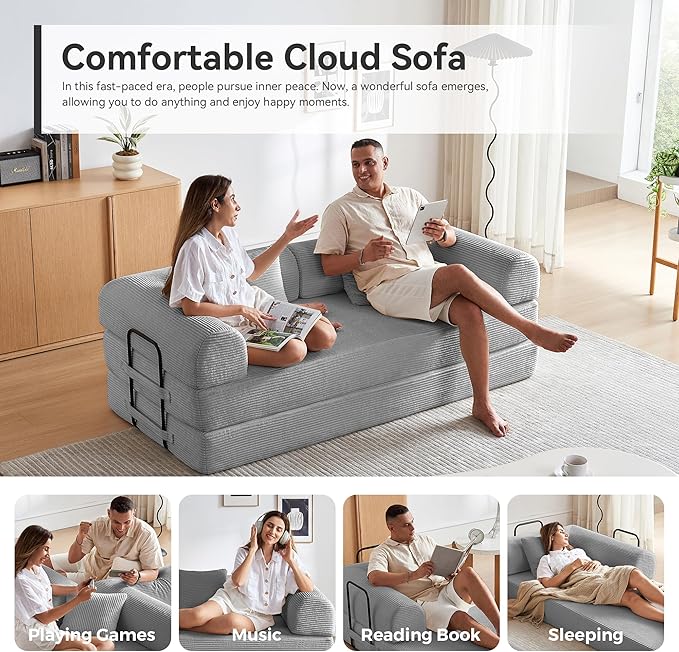 Convertible Sleeper Sofa Bed, Sleeper Sofa with Pillow | Corduroy Fabric | High-Density Sponge | Fixed-Shape Frame, Modular Sofa Bed for Living Room Lounge Studio (Light Grey)