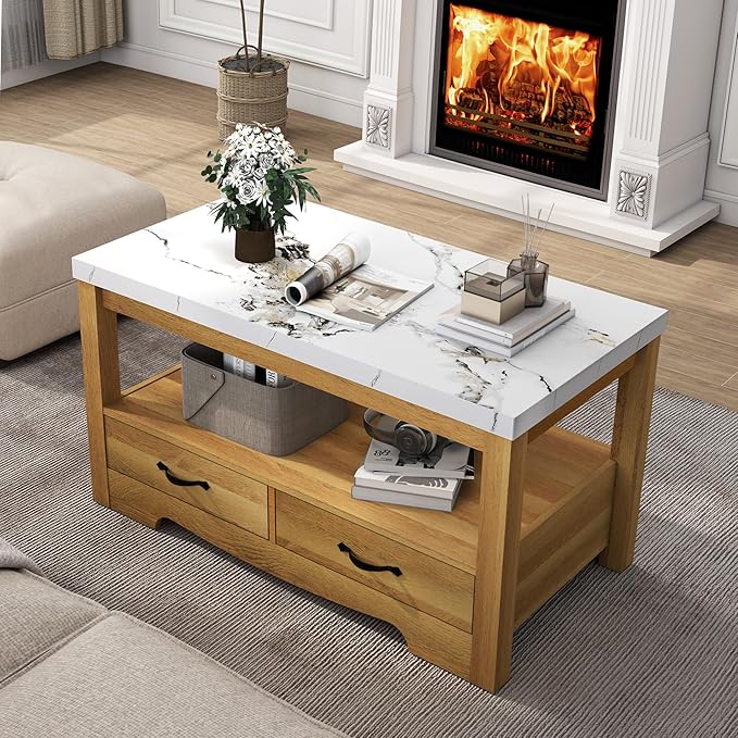Coffee Table 40" Faux Marble 2-Tier Modern Wooden Rectangle Center Table with Drawers for Living Room, Conference Room, Thickened Top, Small Space Home Furniture (Natural Oak with Storage)