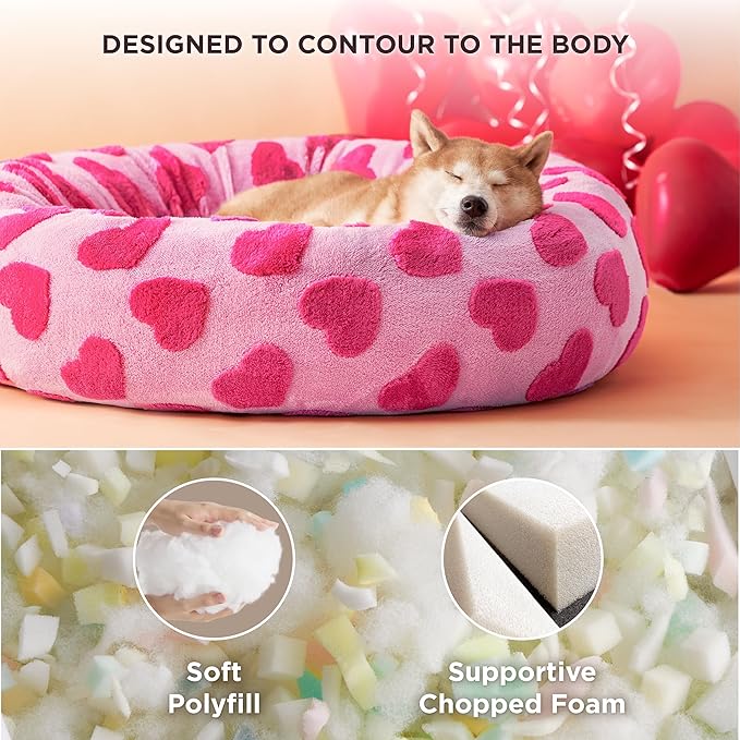 Lesure Donut Large Dog Bed - Round Cat Beds for Indoor Anti-Anxiety Calming Pet Beds, Washable Cute Modern Beds with Teddy Sherpa Plush & Anti Slip Bottom, 36 Inch, Heart Pink
