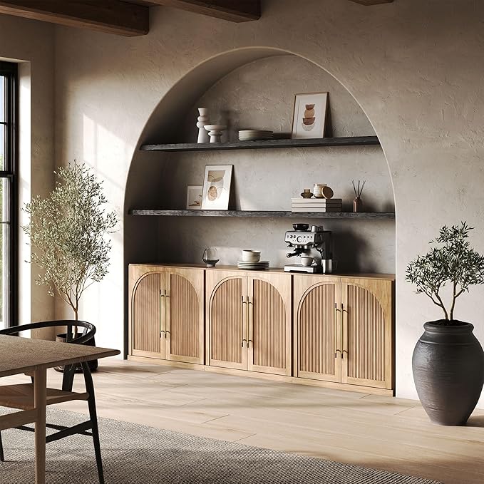 BELLEZE Set of 3 Modular Sideboard with Double-Arc Wood Doors, Small Arched Buffet Cabinet with Storage and Adjustable Shelves, Classic Modern Credenza for Dining Room, Living Room or Entryway(Camel)