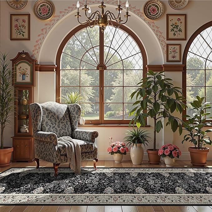 Vintage 2x10 Runner Rugs for Hallway Non-Slip Hallway Runner Rug with Rubber Backing Washable Rug Runner for Kitchen Bedroom Vintage Distressed Carpet(Blcak Navy Multi