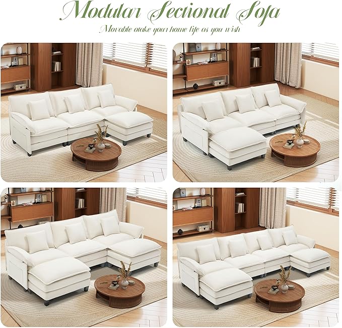 Modular Sectional Sofa, Comfy Cloud Couch with Movable Ottoman, Deep Seat Couches for Living Room, Bedroom and Apartment, 140" U Shaped Modern Sofa with Pillows, Beige