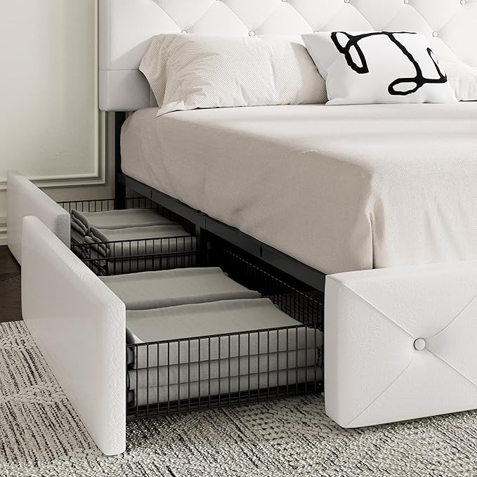 MUTICOR King Size Bed Frame with 4 Storage Drawers, Upholstered Platform Bed with Button Tufted Adjustable Headboard, No Box Spring Needed, Easy Assembly, Diamond Tufted, White Leather