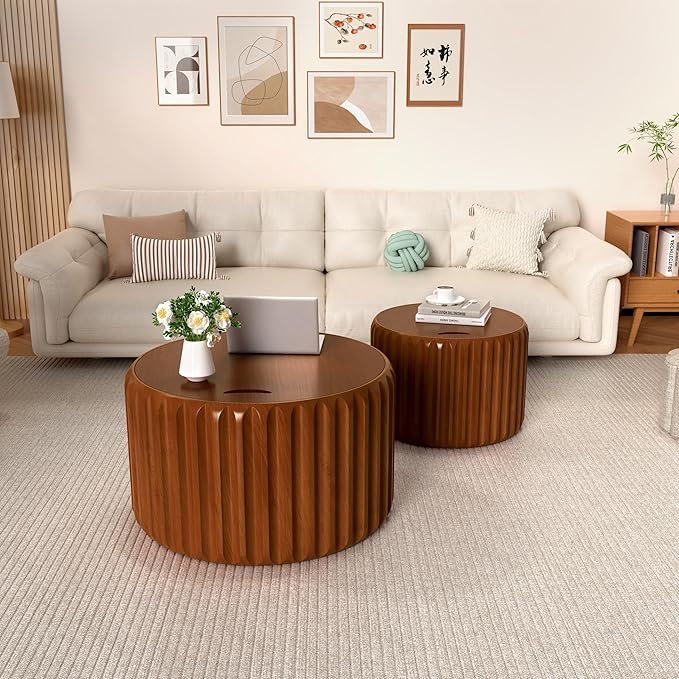 Round Nesting Coffee Table Set of 2, Round Fluted Coffee Tables with Storage for Living Room Modern Nesting End Side Tables for Small Spaces (A Storage Walnut)