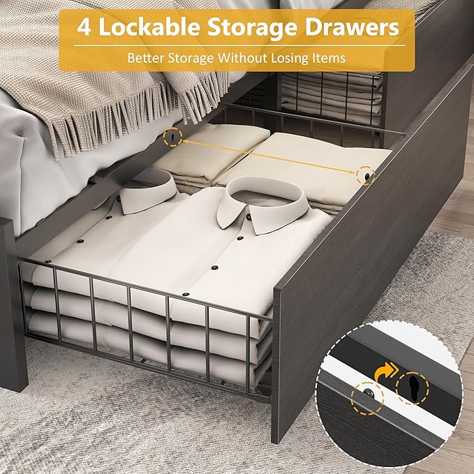 Lifezone Full Bed Frame with 2-Tier Storage Headboard, Metal Platform Bed Frame with 4 Storage Drawers, Built in Charging Station & LED, Noise-Free/Metal Support/No Box Spring Needed, Rustic Grey