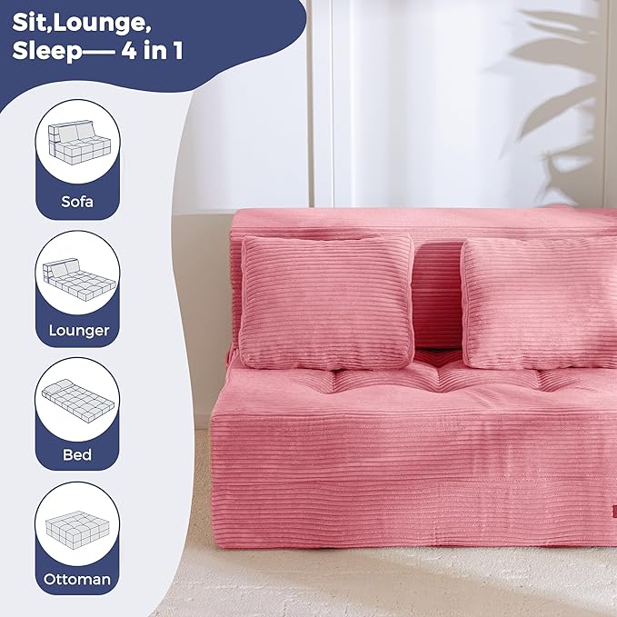 MAXYOYO Convertible Sofa Bed, Fold Out Sleeper Sofa with Pillow, 4 in 1 Tufted Folding Couch Bed Foam Floor Couch, Lazy Chair for Living Room Bedroom Guest Room, Pink