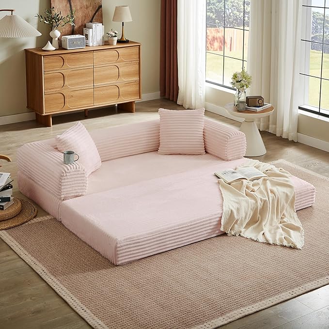 Boneless Couch Sofa Bed Sectional Couches for Living Room,Futon Cloud Couch with Sleeper Sofa,Sofas for Living Room Oversized Corduroy Upholstered (Pink)