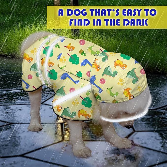 Dog Raincoat, Adjustable Dog Rain Jacket with Clear Hooded Double Layer for Large Medium Small Dogs Puppies, Waterproof Rain Coat Poncho Dinosaurs, Yellow-S