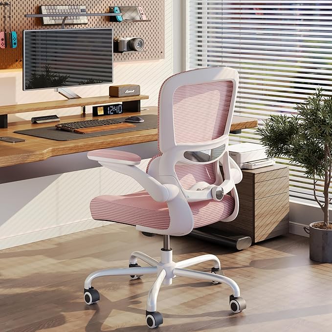 TRALT Ergonomic Office Chair - Desk Chair with Adjustable Lumbar Support Computer Chair - Mesh Comfy Chair with Flip-up Armrests - Gaming Chairs for Adults Home Office (Leather, Pink)