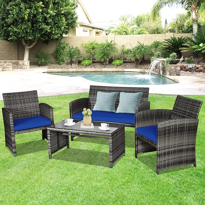 Goplus 4-Piece Rattan Patio Furniture Set, Outdoor Wicker Conversation Sofa with Weather Resistant Cushions and Tempered Glass Tabletop for Lawn Backyard Pool Garden (Blue)