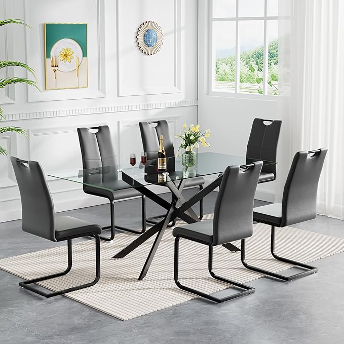 60" Rectangular Glass Dining Room Table for 6 with Tempered Glass Top and Black Metal Legs, Modern Clear Kitchen and Dinner Table for Home Office Dining Room