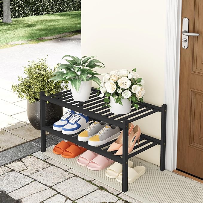 Smiry Shoe Rack, 2 Tier Thick Bamboo Shoe Organizer, Stackable Free Standing Wooden Shoe Storage Shelf for Closet, Entryway, Front Door Entrance, Brown