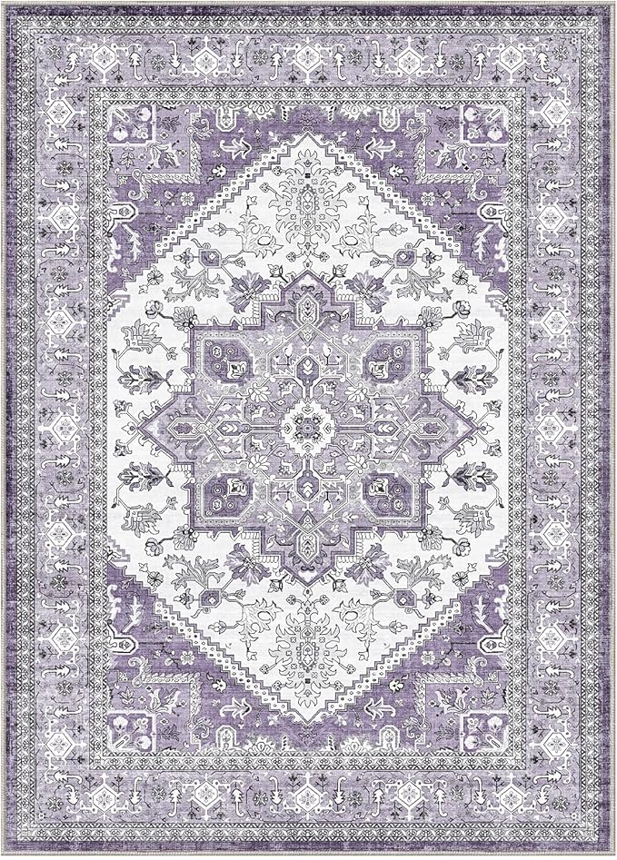 OPPODREAM Thin 8x10 Area Rugs, Washable Rugs 8x10 with Non Slip Backing, Faux Cashmere Low-Pile 8 x 10 Carpet, Purple