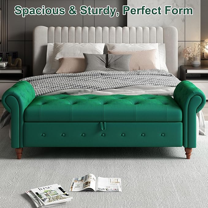 GNIXUU Ottoman with Storage Bench for Bedroom, 63" Velvet Upholstered End of Bed Storage Bench Seat, Rolled Arm Cushioned Ottoman with Wood Legs, Modern Window Chair for Living Room, Entryway, Green