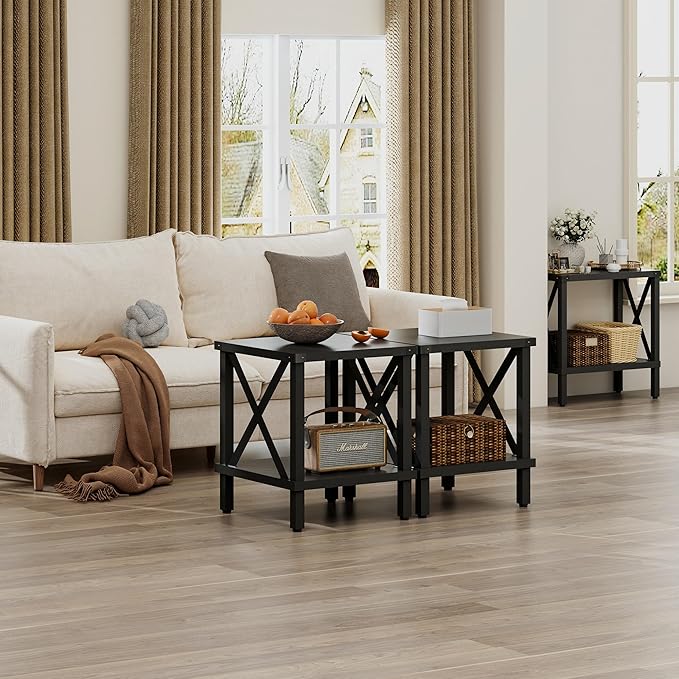 Narrow End Table, Large Sofa Side Table, Farmhouse Nightstand with Storage Shelve, Slim Bedside Table for Living, Room Bedroom, Lounge Black MLBZ17B