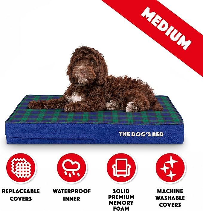 The Dog’s Bed Orthopedic Memory Foam Dog Bed, Medium Black Watch Tartan 34x22, Pain Relief Arthritis, Hip & Elbow Dysplasia, Post Surgery, Lameness, Supportive, Calming, Waterproof Washable Cover