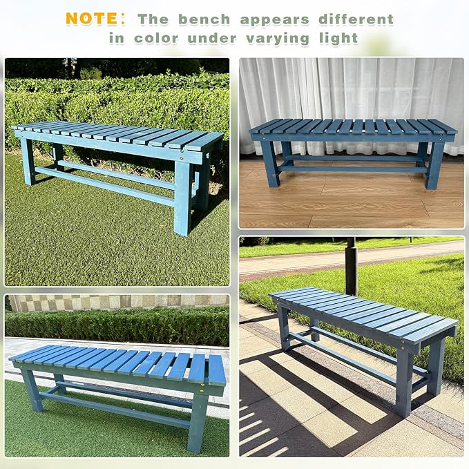 Outdoor Garden Wood Bench, 2-Person Weatherproof Wooden Bench Park Narrow Bench, Never Rot or Fade Waterproof Backless Bench for Entryway, Outdoor, Patio, Porch, Backyard and Park (Blue, 35.5''/90cm)