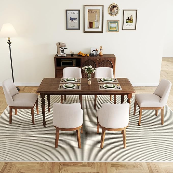 Modern Dining Chairs Set of 6, Comfortable Dining Room Chairs with Back, Linen Fabric Upholstered Kitchen Side Chairs with Wood Legs for Living Room, Beige