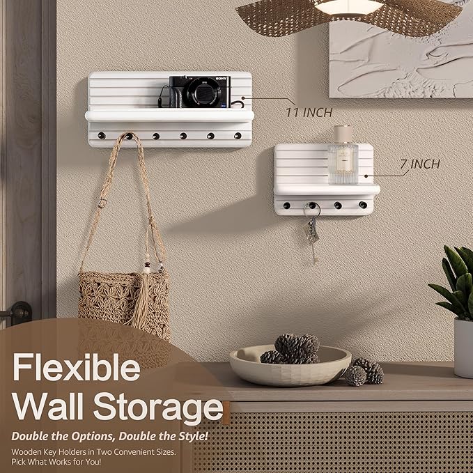 Rebee Vision Small Key Holder Wall Mount for Home Storage – Stylish 7-Inch Key Holder for Wall with 4 Hooks & Mini Floating Shelf - Beautify Your Entryway, Living Room, Bedroom Decor (White)
