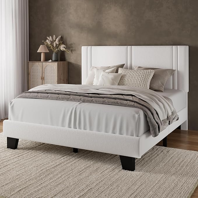 iPormis Full Platform Bed Frame with Velvet Upholstered Headboard & Thickened Legs, Mattress Foundation w/Solid Wooden Slats Support, Noise Free, No Box Spring Needed, White
