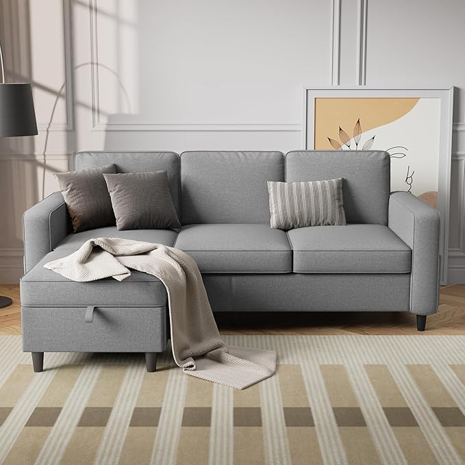 Sectional Sofa Couches for Living Room, 78'' Light Grey 3 Seater L-Shaped Couch with Storage Ottoman, Comfy Fabric Convertible Sectionals Sofas with Chaise for Apartment, Office, Small Space